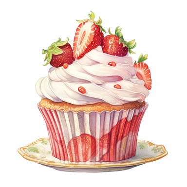 vintage style strawberry cupcake clipart, strawberry cupcake with whipped cream on top, strawberries, vibrant colors, 1960, vintage, watercolor, realistic drawing in storybook illustration, pencil drawing by Angela Barrett, Elsa Beskow, ultrafine detailed, highly detailed, high resolution, 8K, white background