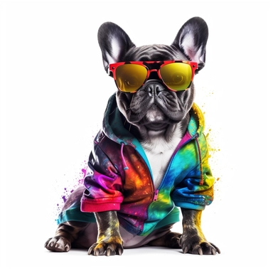 french bulldog, transparent backround,clipart,4k hd,full body,different positions,short sleved clothes,sunglasses, really really colorful