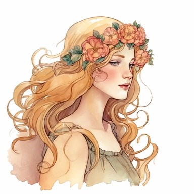 from shoulders up full head shot fantasy art nouveau style demure princess looking away and head pointed slightly upwards with flowers cascading down her long flowing hair all the way to her shoulders in a classical early 20th century portrait painting style watercolor clipart no words no fonts no letters