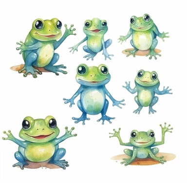 watercolor kawaii frogs, illustrations clipart set, simple, cartoon elements, different variants, separate elements with a margin