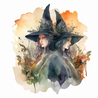brothers grimm witch , witchy, double exposure, watercolor, art nouveau aesthetic, clipart