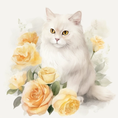 a white fluffy cat with yellow and cream roses, Clipart pastel, style is watercolor, soft face, Adorable, Charming , Endearing , fluffy, Furry, Gentle, innocent Playful, Precious, soft, Sweet, Tender, Whimsical, 4k