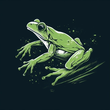 Design a simplistic clipart-style t-shirt design featuring a frog that appears to be jumping. To achieve this, incorporate motion lines or blur effects around the stork, giving the impression of speed. Use bold and dynamic shapes to emphasize the fast pace, while maintaining a clean and minimalistic design.