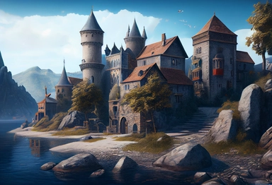 European medieval fantasy town panorama. Ancient Europe fairytale architectural urban objects, buildings, towers, traditional castles, gothic churches. History panoramic 3D clipart, game scene skyline , .highly detailed, + cinematic shot + photo taken by 