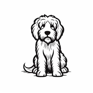Really simplified black and white doodle of a labradoodle dog line art, vector clipart, in the style of simple illustration, simple minimal line art