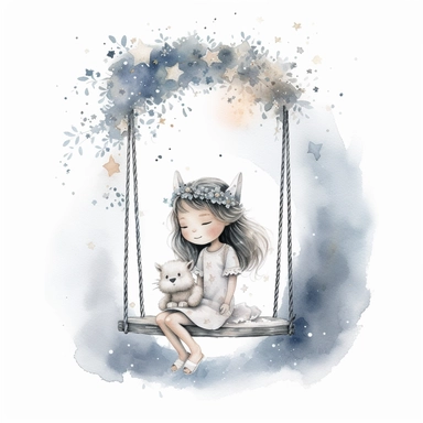 pale soft little girl, 5 years, long haïr, sitting on a swing hanging under a très, with flower headband, in the style of whimsical, stars, moon, detailed character illustrations, book illustration, watercolor style, textured paper, white background clipart