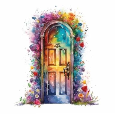 Adorable magical old open door with wildflower, nebular mix background, clipart, photorealistic illustration, watercolor, high detail, 8k polished, 8k, vibrant colors, sticker, majestic, die cut, white background