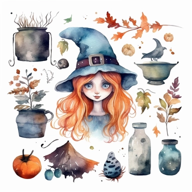 watercolor witch and elements, illustrations clipart set, simple, cartoon elements, different variants, separate elements with a margin