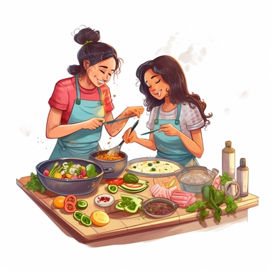 Graphic design,Two friends cooking together in the kitchen, with ingredients and utensils surrounding them and a delicious dish in the making , clipart ,hdr,8k, white background