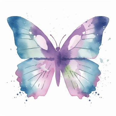Watercolor Butterfly clipart, flat style, no volume, few details, washed out, minimalistic style, very lose details, very light colors, transparent colors, light airy hues and pastel tones, spaced out, white background, washed out colors and paint, hand - painted watercolor, watercolor spray, watercolor splash, splatters and paint smudges on top of Butterflie, watercolor paper with visible rough paper texture, a variety of watercolor brushes, do not cross workspace borders, rough watercolor pape