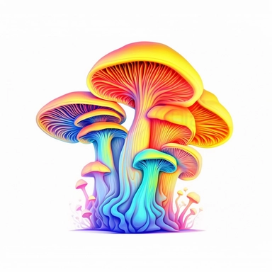 clipart Chanterelle mushroom, Psychedelic art, Acid Art, high resolution, neon rainbow colored, white background