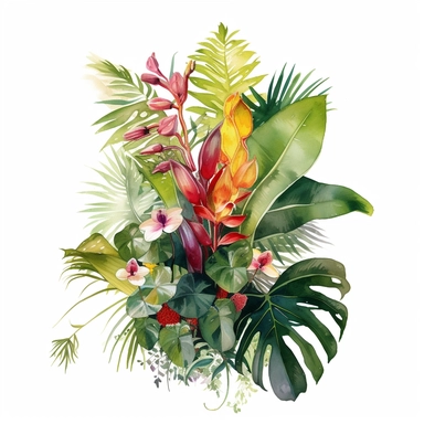 boquet of watercolor painting of monstera leaf, jungle vines, heliconia flower, palm frond, orchid, banana leaf, bromiliad, clipart, boarder graphic, vivid, realistic detail, white background