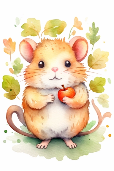 Create a watercolor clipart picture of a hamster next to an apple, white background. The hamster should have a cute and happy expression, with its fur depicted in soft watercolor textures. Surround the hamster with small flowers and greenery, adding a whimsical touch to the scene.