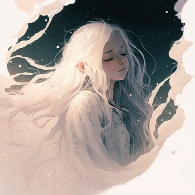 Young beautiful innocent kind girl with white hair sleeping, lying down deeply sleeping in a comfy bed. Strong and brave. Portrait. Shimmering translucent skin. Fantasy, meditating, holy. Puffy pillows and bed. Dappled lighting. Tulle layers detailed layering sun dress. Muted Pastel color lighting. Watercolor Clipart, cel shading, vector, clipart, 8k, line art, sacred geometry, surreal, glistening highlights, stars in her hair, purple eyes, acrylic art style, beautiful cartoon anime, portrait, m