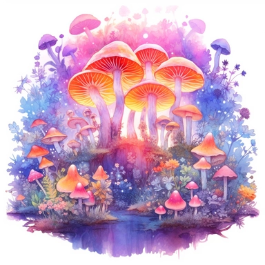 Watercolour Magic Mystical Mushrooms clipart watercolor style , dreamy color, anime style, ghibli , trippy , planet , stars, epic, flowers, Phantasmal Iridescent