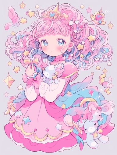 Aries cartoon girl with twelve constellations, lovely sheep horn, pink hair, beautiful and charming blue eyes, whimsical style and fantasy elements, lovely and colorful, eye-catching, honey core, rainbow color, clip art, pink background, Pixar style front view, - niji 5 q 2
