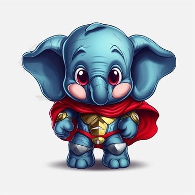 funny cute elephant in a Superhero Costume, cartoon clipart, isolated white background, 32k