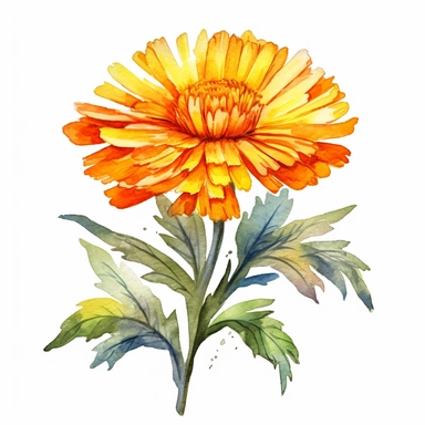 A colorful representation of a flowering calendula, also known as marigold clipart, white background, watercolor sophisticated drawing