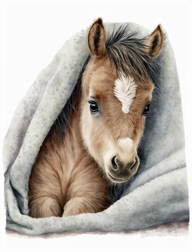 baby horse in a blanket, watercolor clipart, transparent background,