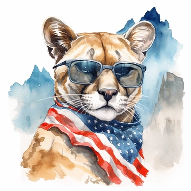 a powerful mountain lion with Western mountainous terrain, wears American flag scarf and sunglasses, rocky ledge, colorful ink wash paintings, anime-inspired character designs, hyper-realistic animal illustrations, 2d game art, quadratura, clipart, on white background,