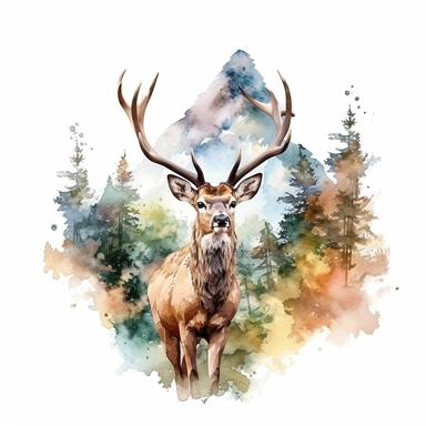 watercolor style, buck deer with the mountain forest in the back clipart, isolated on white background, hd