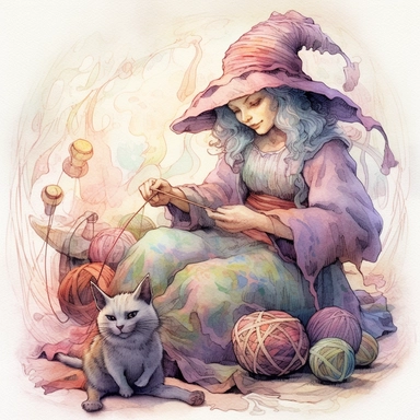Pastel colours, old black lady witch, knitting, a cat beside her playing with string, with balls of yarn and knitting needles around her pointy hat clipart image, in a circle, in the style of mystic mechanisms, subtle pastel tones, pencil art illustrations, soft pastel tones, reimagined by industrial light and magic, lith printing, illusory images, watercolor clipart