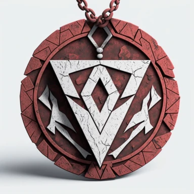 flat illustration, 2d clipart, vector art, minimalistic art. ancient red granite medallion on black chain, carved with a deep rune isometric view + white background, prop asset--v 4