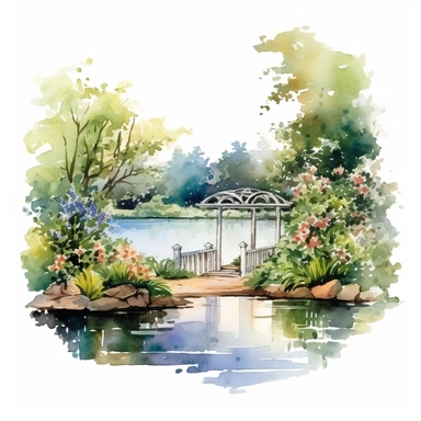 Watercolor, a lakeside courtyard in bloom, clipart on white background.