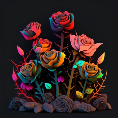 a very thorny dozen roses clipart in slyle of cute goth clay cartoon, sharp 3d art illustration, warm multicolor bioluminescent, simple, black background, 8k