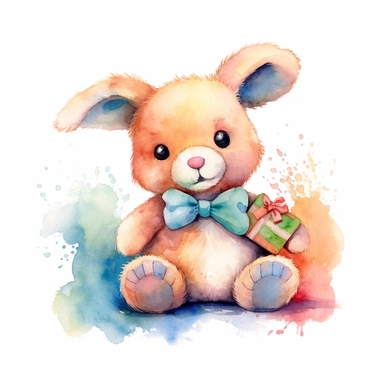 a captivating watercolor clipart image with a white background and white margins, featuring a cute sweet extremely happy stuffed rabbit toy. The ultra-detailed, hand-drawn elements capture the details. Use vibrant shades of various colors to create a visually appealing image