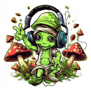 coloring book clip art cartoon of green alien with headphones on dancing with mushrooms