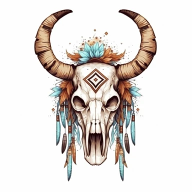 Cute Beautiful Native American Feather Cow Skull Sublimation Clipart, Cartoon, hyper realistic, intricate detail, illustration style, high solution, on the white background