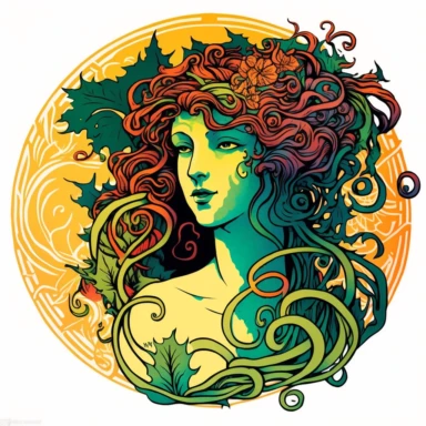Medusa, art nouveau, bright colours, clipart, centred, white background