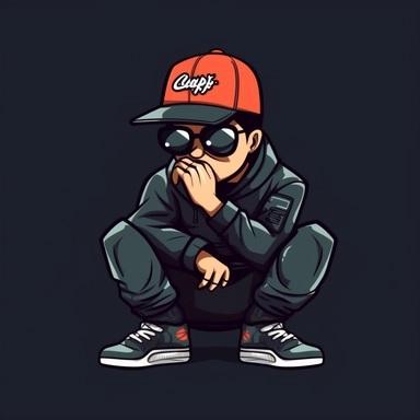 convert into dope boy mascot guy with hand covering his mouth and the thumb is pressed against the cheek, black squared sunglasses cartoon, sitting in squatting position one leg in front and one leg on the back, flat, clipart, high quality, 4k 8k