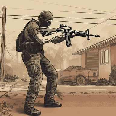 a full body portrait of a man holding his M16 rifle and shoot fire to the side,in a poor street+aim his weapon up +side view+dark color tones+ vintage drawing style ,clipart drawing,clipart image,high definition drawing,clean colors,balanced colors,detailed drawing,ratito 16:9 , aspects : high 1920 + width 1080