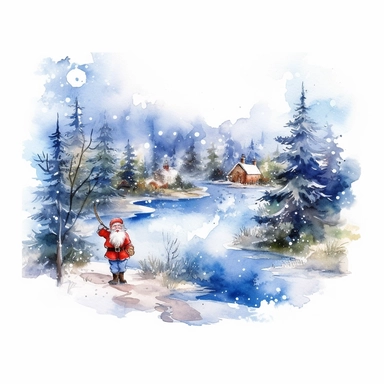 high resolution Christmas theme Watercolor Cute santa claus wearing blue Clipart Collection in beautiful winter landscape with a lot of snow and a small lake, christmas theme, detailed, isolated, white background, one pattern 8k