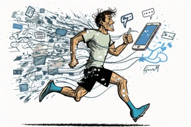 man running to capture information from social media accounts, news, videos using a net clipart