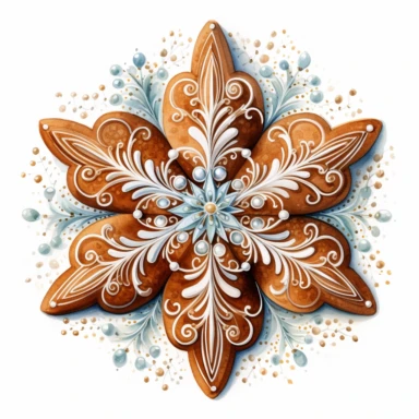 A isolated watercolor clipart, Christmas hand made gingerbread, snowflakes,white background, Art Nouveau, highly detailed,