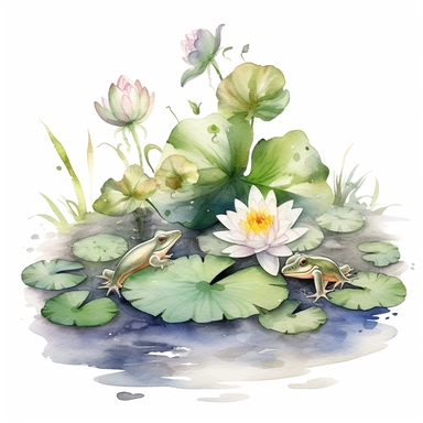 Watercolor Lily Pond Clipart, lily pad and frog pond, CLIPART, fish and birds