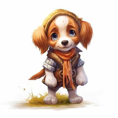Adorable cute fantasy baby dog dressed like rune farmer standing in dynamic pose,front view,fullbody,sharp through out,happy expression, nursery art, clipart image, lineart image, white background, very detailed, 8k, composition wide shot
