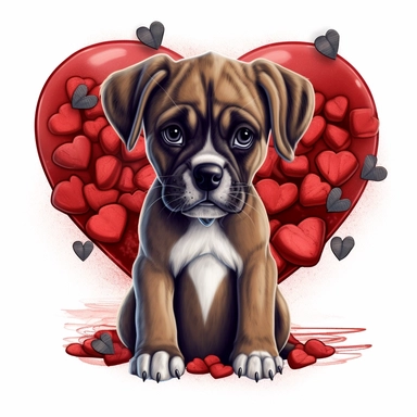 cute boxer puppy chibli clipart surrounded by hearts