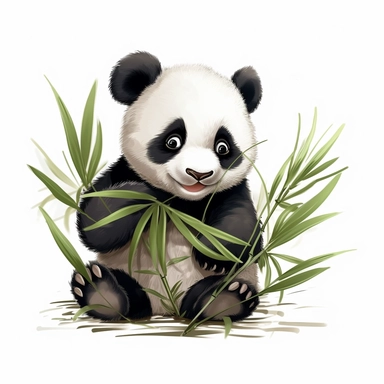 Generate a crisp clipart, pre-cropped image of a cute baby panda munching on bamboo leaves, pure white background