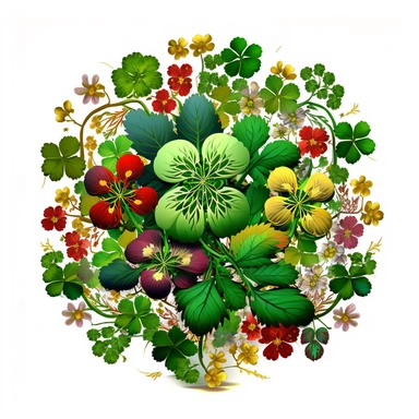 four leaf clover, surrounded by colourful flowers, tempera clipart illustration, intricate details, bold, vivid images, clean, crisp, smooth, with white background