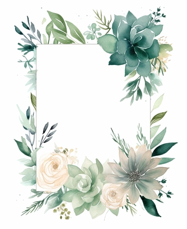 rectangle floral frame, thin border, green flowers and leaves, minimal with white space in middle, clipart, watercolor flowers, hand drawn, white background, clipart,