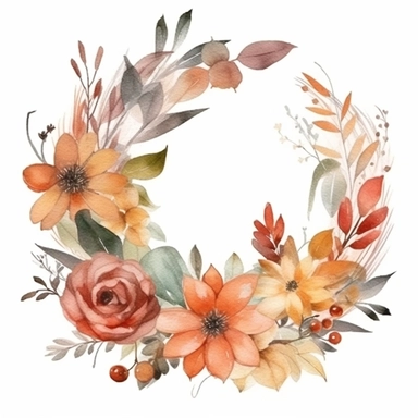 elegant fall flowers wreath ,watercolor clipart ,minimalist ,beautiful colors,isolated white background,8k