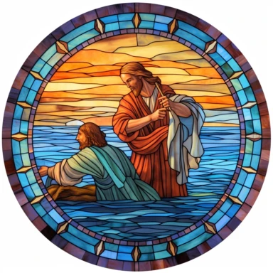stained glass Jesus is being baptized by John the Baptist in the Jordan River, in the style of watercolor illustrations, mind-bending murals, hand-coloring, realistic depiction of light, decorative paintings, tondo, clipart, circular shape,