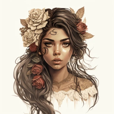 Striking boho girl in clipart style, hair cascading to one side adorned with detailed roses on one side, captivating large eyes and full lips, gazing directly at the camera, Portrait style, white minimalist background, 8K rendering