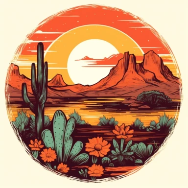 vintage sunset retro vector clipart of Arizona Desert with succulent plants