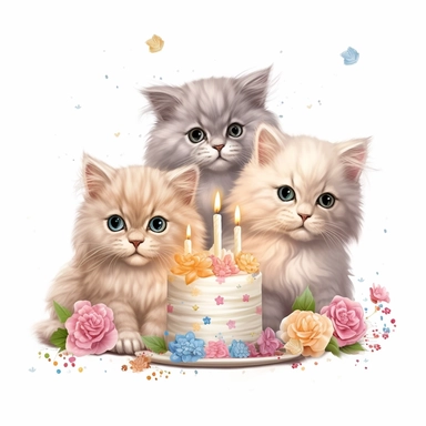 Vibrant Realistic cute natural color Persian kittents various poses and modes with flowers Clipart for a birthday card without text 300 dpi PNG format instant download for commercial use