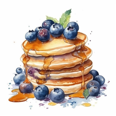watercolor pancakes clipart, hd, isolated on white background, spaced out, blueberries,